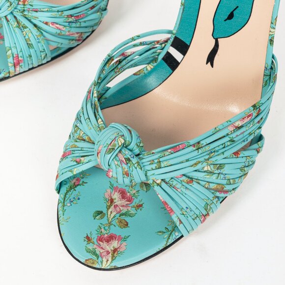 Gucci Allie Light-Blue Floral-Print Leather Knotted High-Heel Sandals - Picture 8 of 11